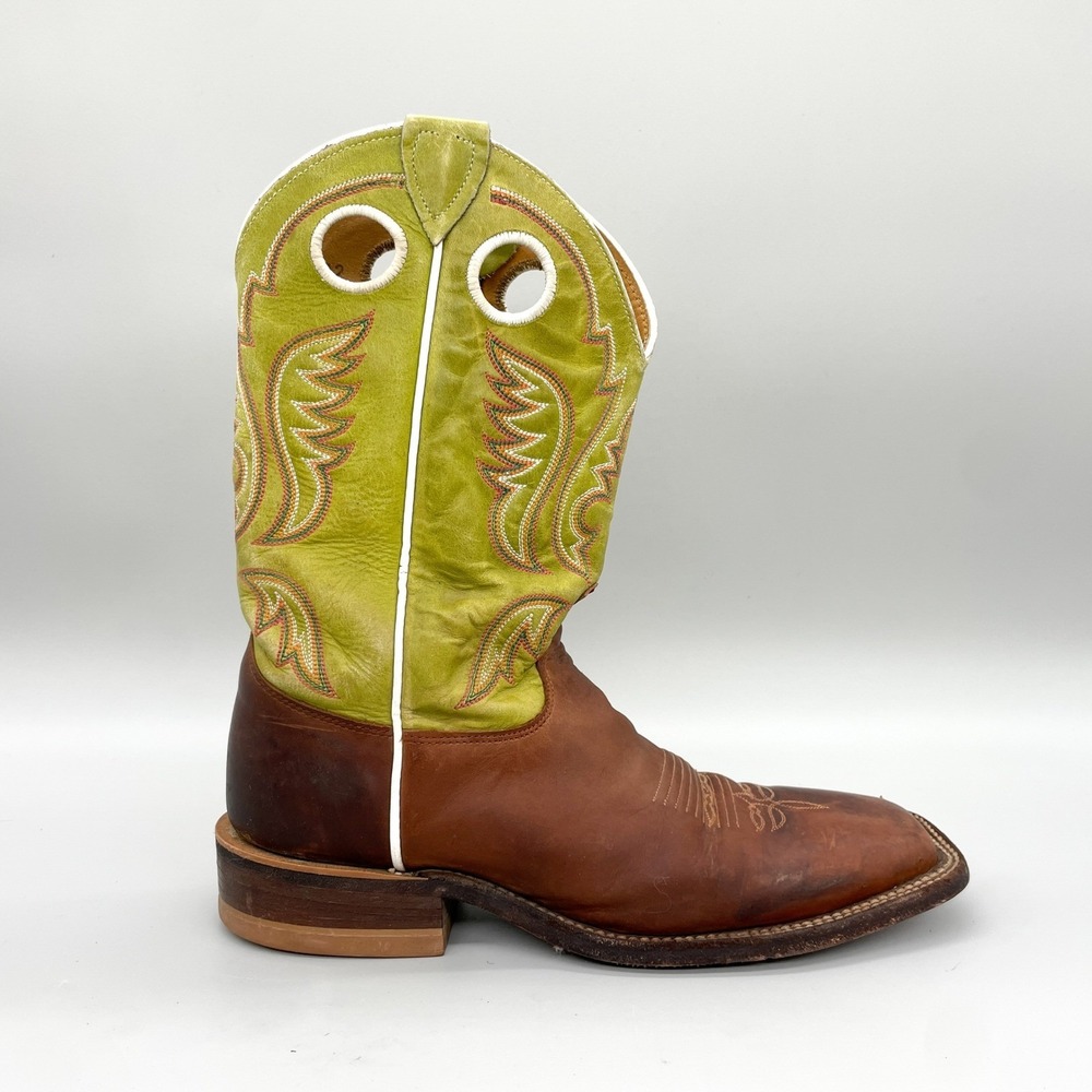 Justin Boots Mens 8 D Bent Rail Austin Brown Leather Lime Green Western Cowboy